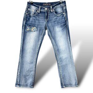 Grace In LA Capri Jeans Womens Sz 26 Blue Embroidered Pockets Distressed Denim